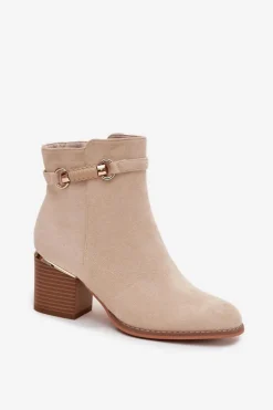 Boto Botki Ocieplane|Botki Na Słupku*Botki Damskie Ocieplane Na Słupku Z Ozdobnym Paskiem Beżowe Galissa Beżowy
