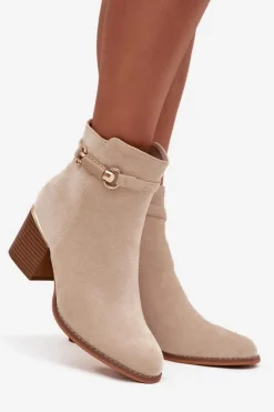 Boto Botki Ocieplane|Botki Na Słupku*Botki Damskie Ocieplane Na Słupku Z Ozdobnym Paskiem Beżowe Galissa Beżowy
