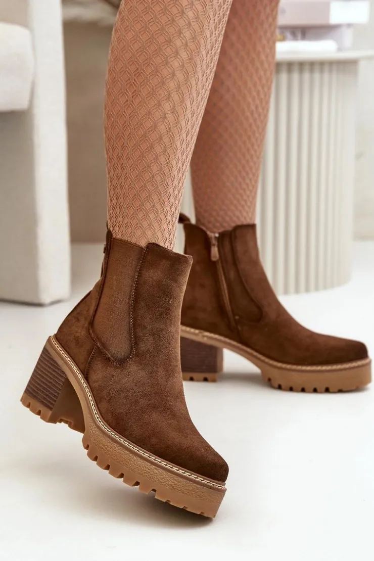 Damskie Boto Botki Damskie Ocieplane Na Słupku Eko Zamszowe Brązowe Irissinae