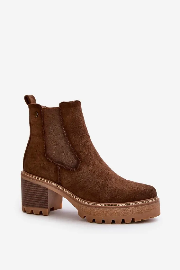 Damskie Boto Botki Damskie Ocieplane Na Słupku Eko Zamszowe Brązowe Irissinae