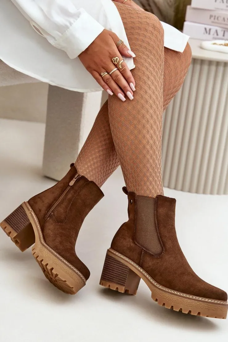 Damskie Boto Botki Damskie Ocieplane Na Słupku Eko Zamszowe Brązowe Irissinae