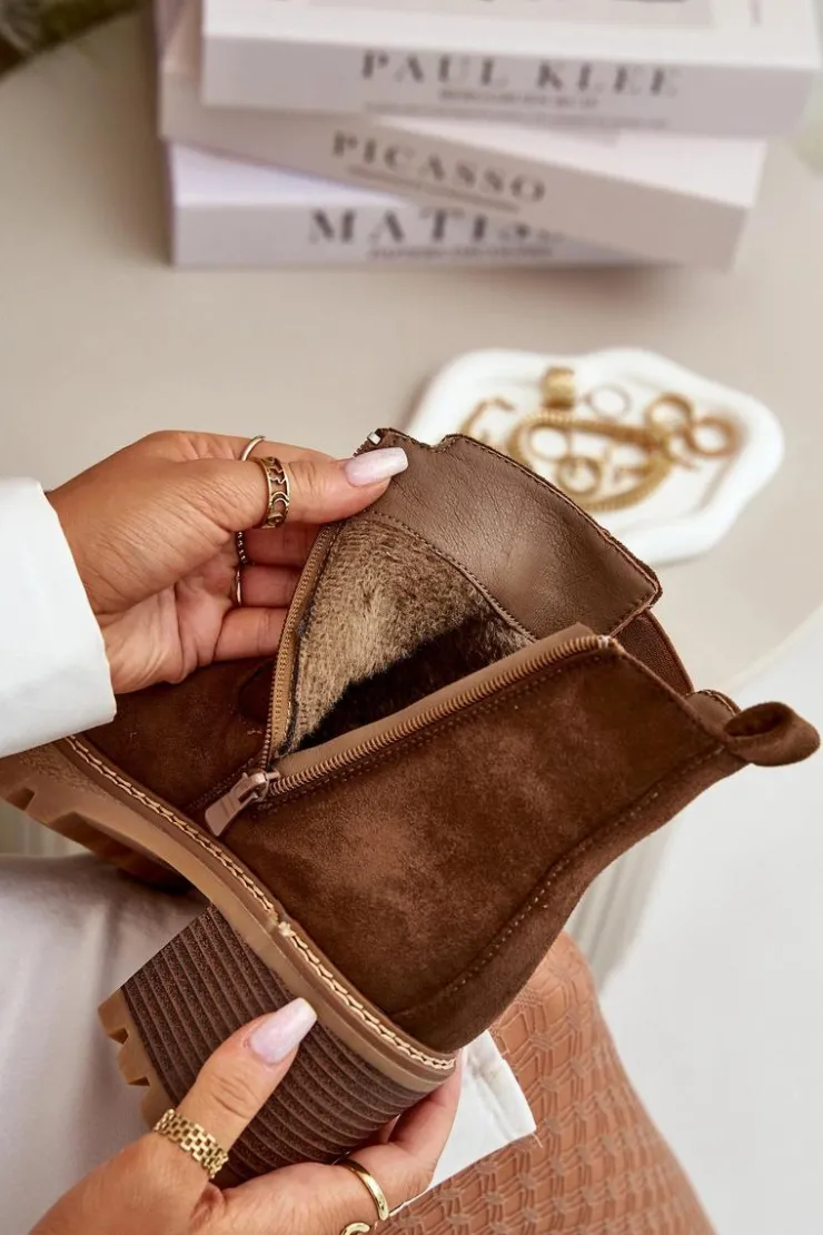 Damskie Boto Botki Damskie Ocieplane Na Słupku Eko Zamszowe Brązowe Irissinae