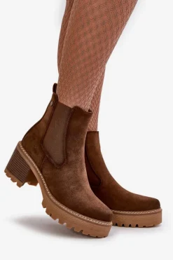 Damskie Boto Botki Damskie Ocieplane Na Słupku Eko Zamszowe Brązowe Irissinae