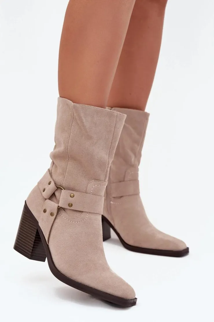 Discount Boto Botki Damskie Ocieplane Na Słupku Z Paskami I Ozdobnym Detalem Beżowe Neria Beżowy