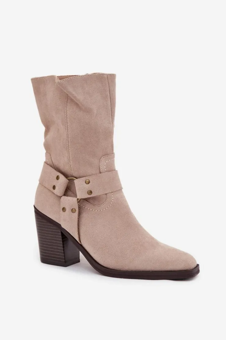 Discount Boto Botki Damskie Ocieplane Na Słupku Z Paskami I Ozdobnym Detalem Beżowe Neria Beżowy