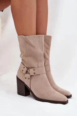 Discount Boto Botki Damskie Ocieplane Na Słupku Z Paskami I Ozdobnym Detalem Beżowe Neria Beżowy