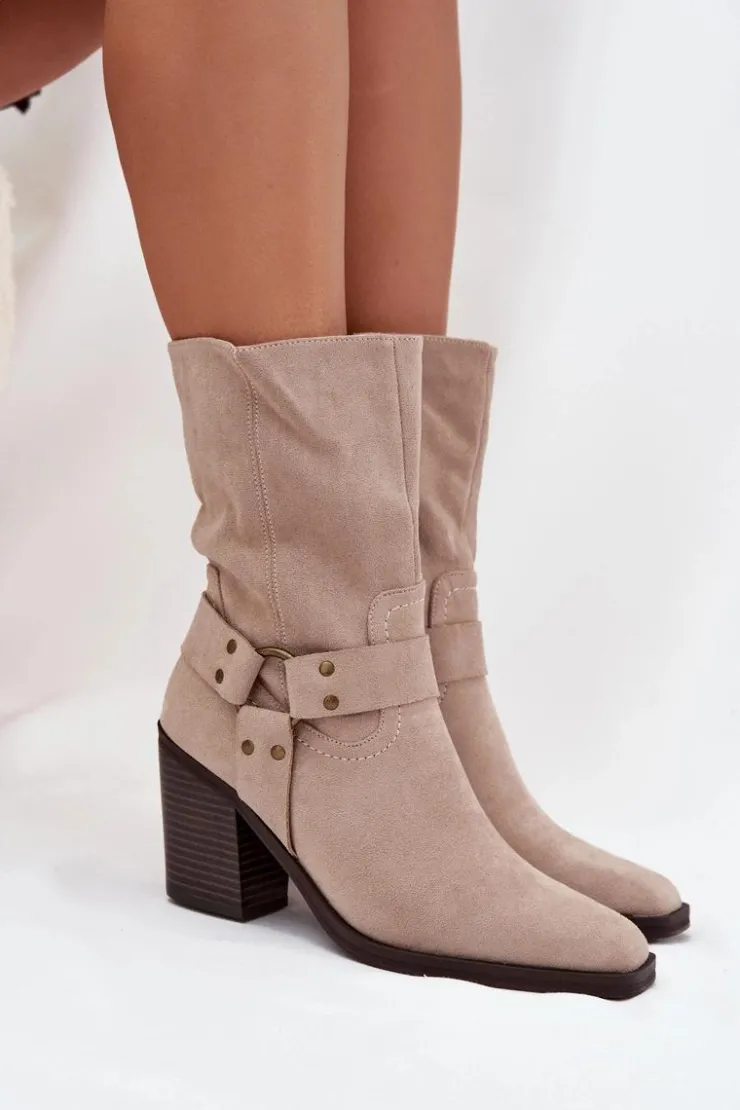 Discount Boto Botki Damskie Ocieplane Na Słupku Z Paskami I Ozdobnym Detalem Beżowe Neria Beżowy