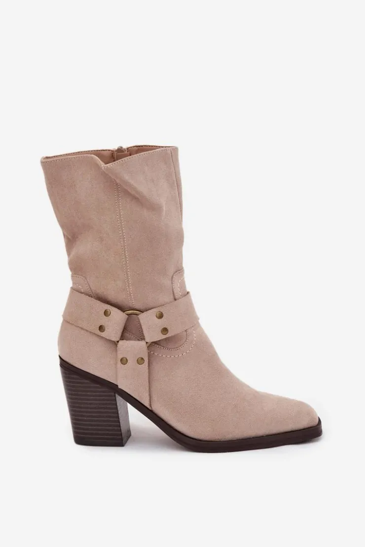 Discount Boto Botki Damskie Ocieplane Na Słupku Z Paskami I Ozdobnym Detalem Beżowe Neria Beżowy