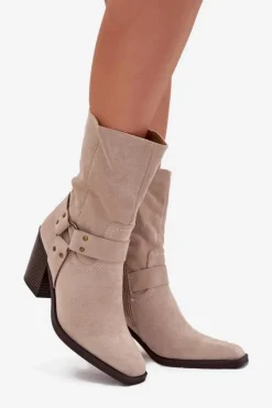 Discount Boto Botki Damskie Ocieplane Na Słupku Z Paskami I Ozdobnym Detalem Beżowe Neria Beżowy