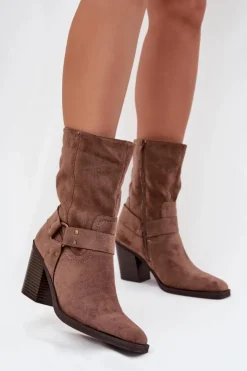 Boto Botki Ocieplane|Botki Na Słupku*Botki Damskie Ocieplane Na Słupku Z Paskami I Ozdobnym Detalem Brązowe Neria Brązowy