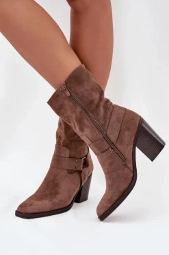 Boto Botki Ocieplane|Botki Na Słupku*Botki Damskie Ocieplane Na Słupku Z Paskami I Ozdobnym Detalem Brązowe Neria Brązowy