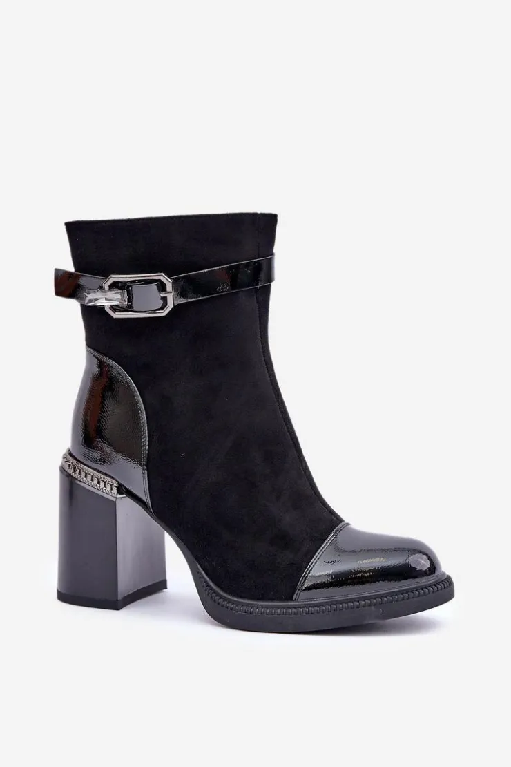 Damskie Damskie buty S.Barski Botki Damskie Ocieplane Na Obcasie Słupku Z Ozdobną Klamrą D&A MR880-085 Czarne