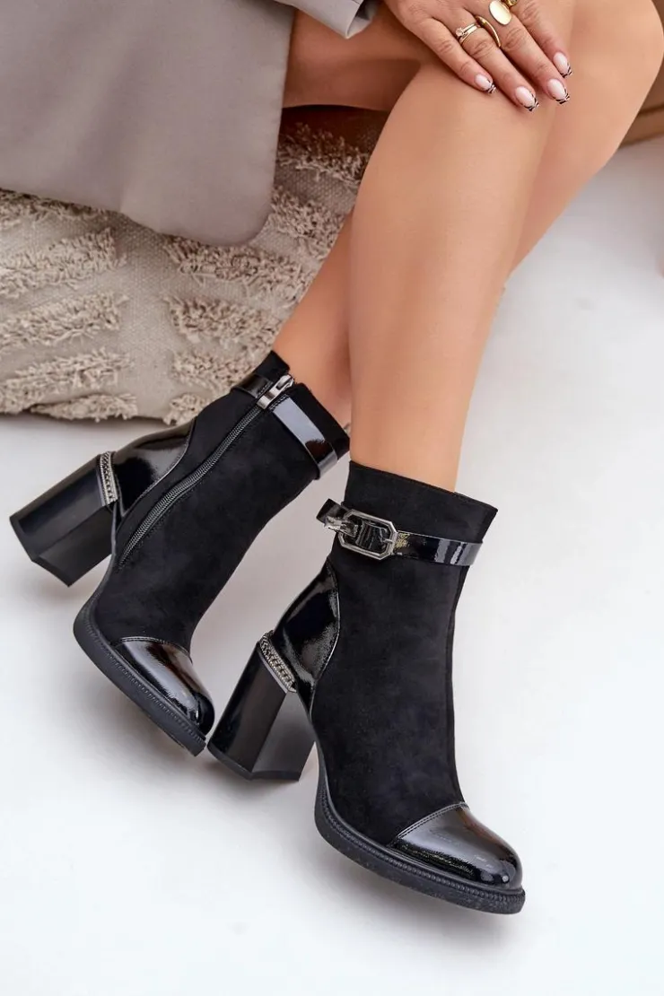 Damskie Damskie buty S.Barski Botki Damskie Ocieplane Na Obcasie Słupku Z Ozdobną Klamrą D&A MR880-085 Czarne