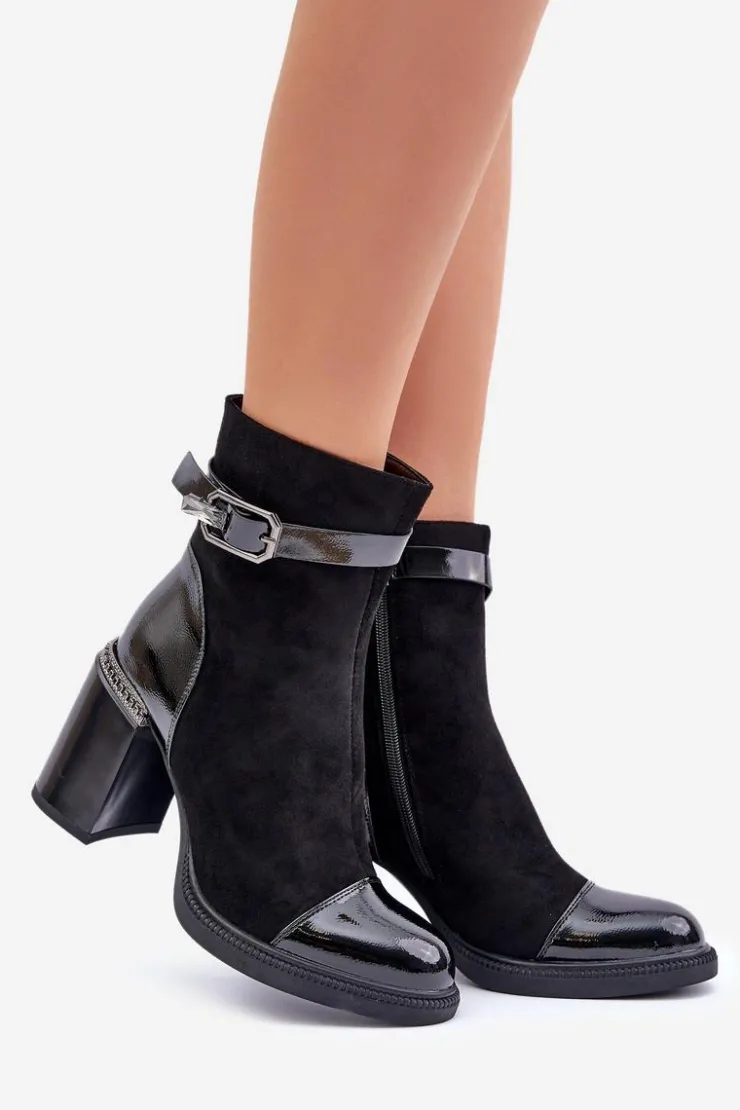 Damskie Damskie buty S.Barski Botki Damskie Ocieplane Na Obcasie Słupku Z Ozdobną Klamrą D&A MR880-085 Czarne