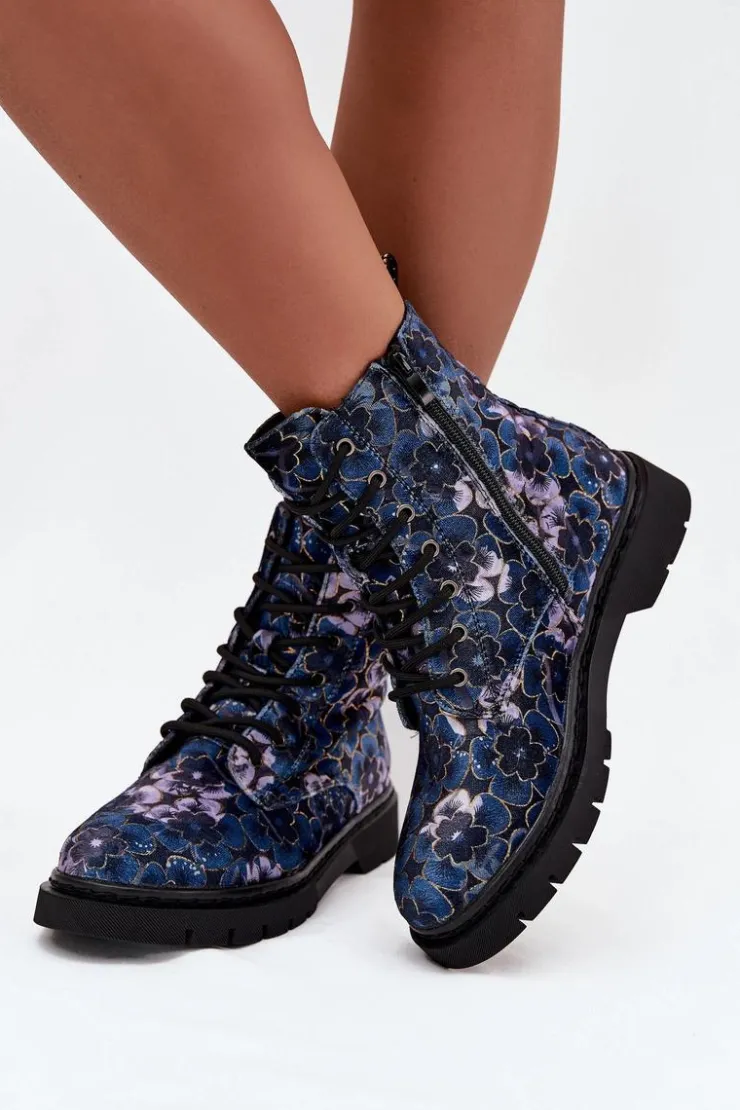 Artiker Botki Ocieplane|Damskie Trapery*Botki Damskie Ocieplane W Kwiaty 57C1052 Granatowe Niebieski