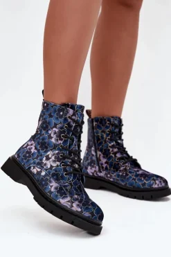 Artiker Botki Ocieplane|Damskie Trapery*Botki Damskie Ocieplane W Kwiaty 57C1052 Granatowe Niebieski
