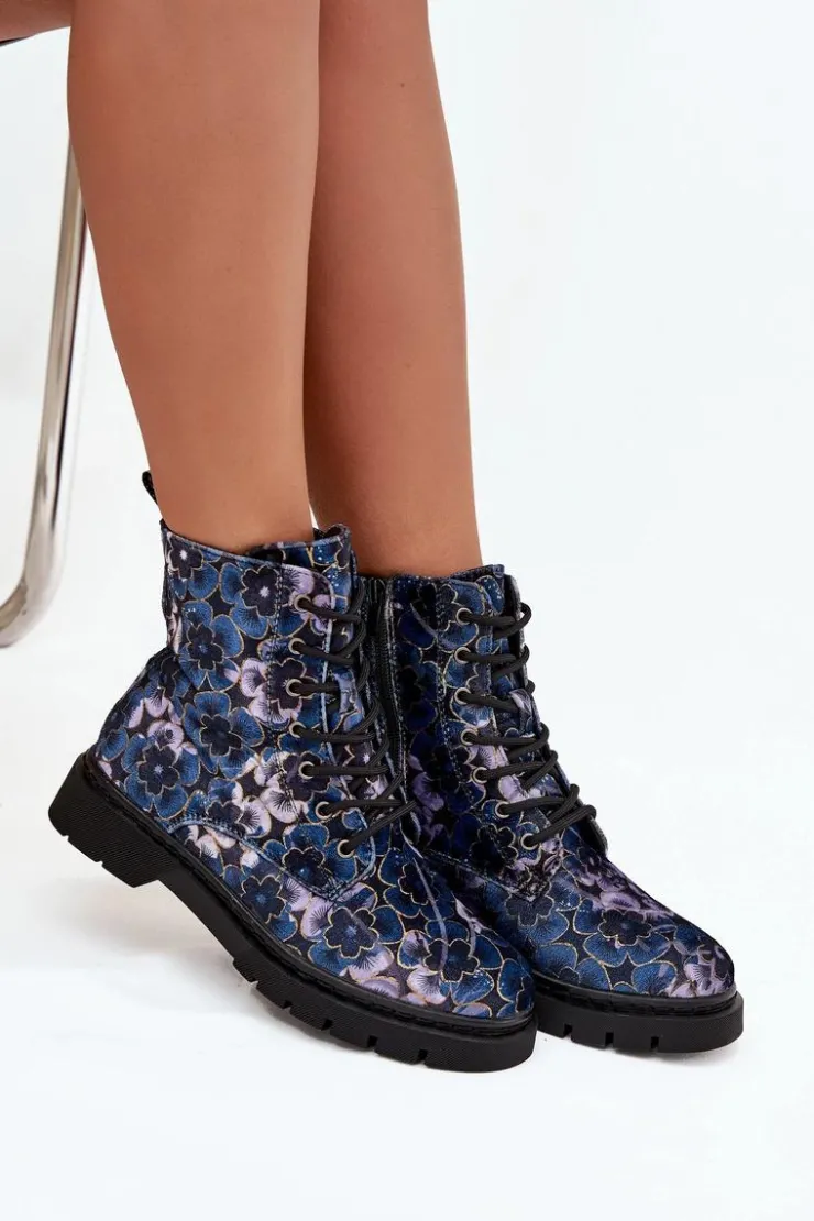 Artiker Botki Ocieplane|Damskie Trapery*Botki Damskie Ocieplane W Kwiaty 57C1052 Granatowe Niebieski