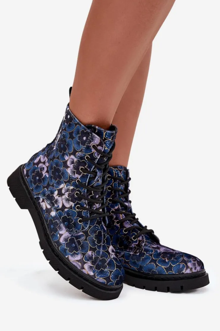 Artiker Botki Ocieplane|Damskie Trapery*Botki Damskie Ocieplane W Kwiaty 57C1052 Granatowe Niebieski