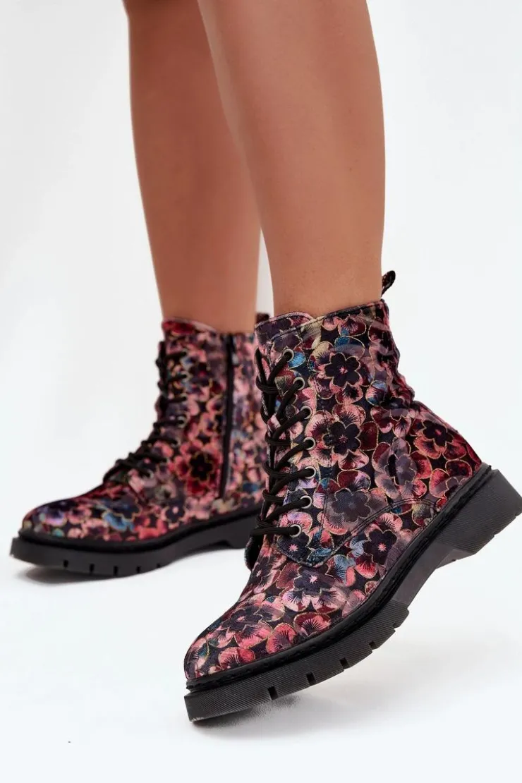 Damskie Artiker Botki Damskie Ocieplane W Kwiaty 57C1051 Różowe