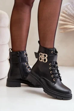 Best Boto Botki Damskie Ocieplane Ze Złotą Ozdobą Czarne Nealithra