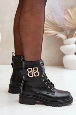 Best Boto Botki Damskie Ocieplane Ze Złotą Ozdobą Czarne Nealithra