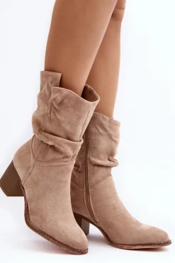 Damskie Evento Botki Damskie Ocieplane Z Marszczoną Cholewką Na Słupku Beżowe Shavy