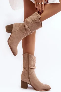 Damskie Evento Botki Damskie Ocieplane Z Marszczoną Cholewką Na Słupku Beżowe Shavy