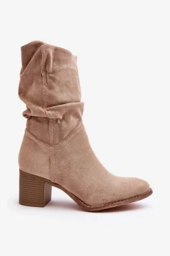 Damskie Evento Botki Damskie Ocieplane Z Marszczoną Cholewką Na Słupku Beżowe Shavy