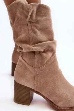 Damskie Evento Botki Damskie Ocieplane Z Marszczoną Cholewką Na Słupku Beżowe Shavy