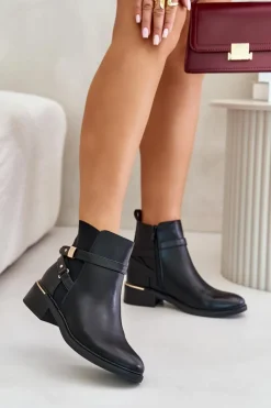 Damskie Boto Botki Damskie Ocieplane Z Ozdobnymi Paskami Czarne Kikirra