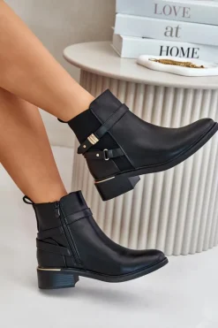 Damskie Boto Botki Damskie Ocieplane Z Ozdobnymi Paskami Czarne Kikirra