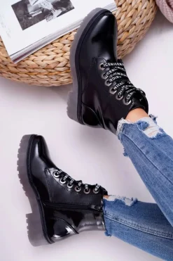 Buty Sergio Leone Botki Sznurowane|Botki Zimowe Damskie*Botki Damskie Płaski Obcas Glany Lakierowane Czarne Sergio Leone TR726