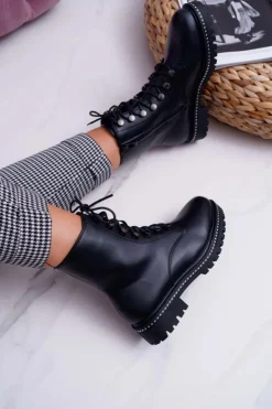 Boto Botki Damskie Płaski Obcas Wysokie Glany Czarne Buena