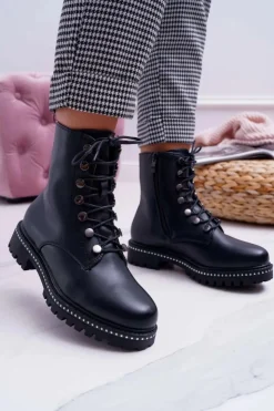 Boto Botki Damskie Płaski Obcas Wysokie Glany Czarne Buena