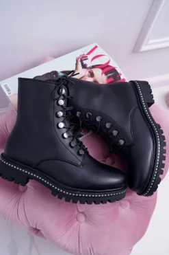 Boto Botki Damskie Płaski Obcas Wysokie Glany Czarne Buena