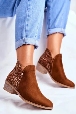 Clearance Boto Botki Damskie Płaski Obcas Wiosenne Camel Elizabeth