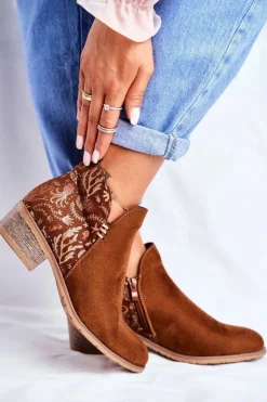 Clearance Boto Botki Damskie Płaski Obcas Wiosenne Camel Elizabeth