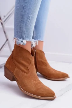 Boto Botki Wiosenne|Brązowe I Beżowe Botki*Botki Damskie Płaski Obcas Wiosenne Skórzane Kowbojki Camel Batty