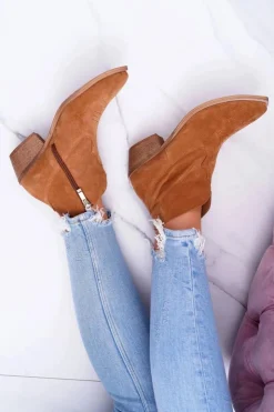 Boto Botki Wiosenne|Brązowe I Beżowe Botki*Botki Damskie Płaski Obcas Wiosenne Skórzane Kowbojki Camel Batty