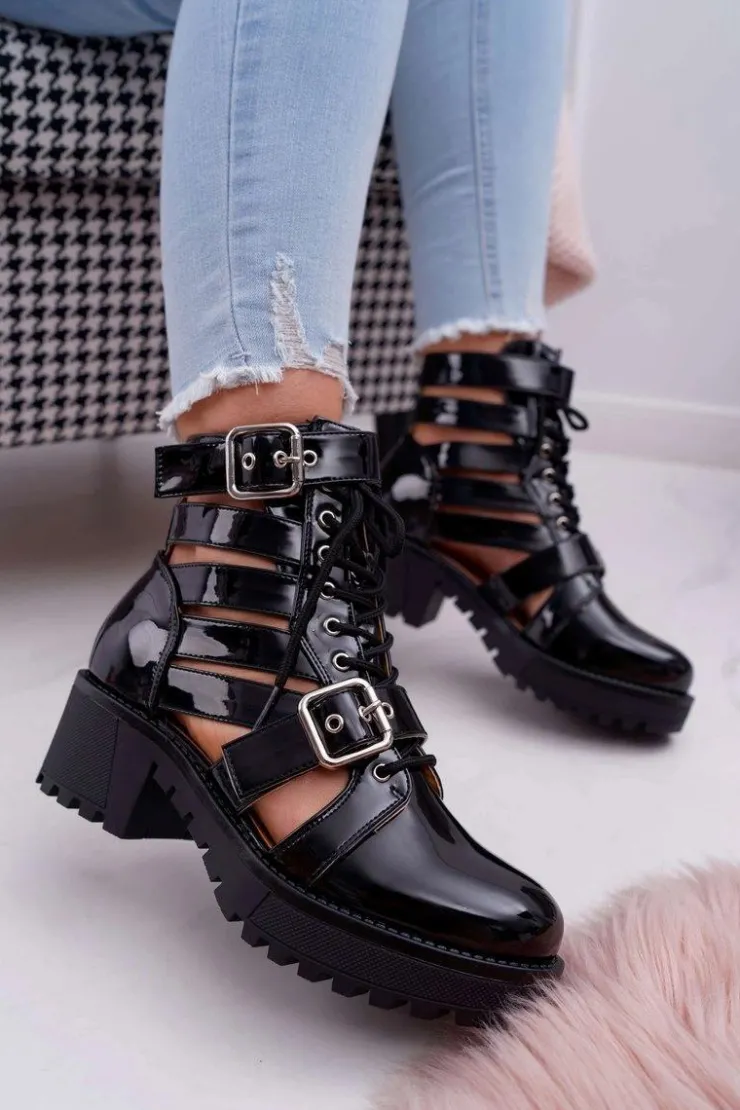 Sale Boto Botki Damskie Płaski Obcas Wiosenne Lakierowane Czarne Single