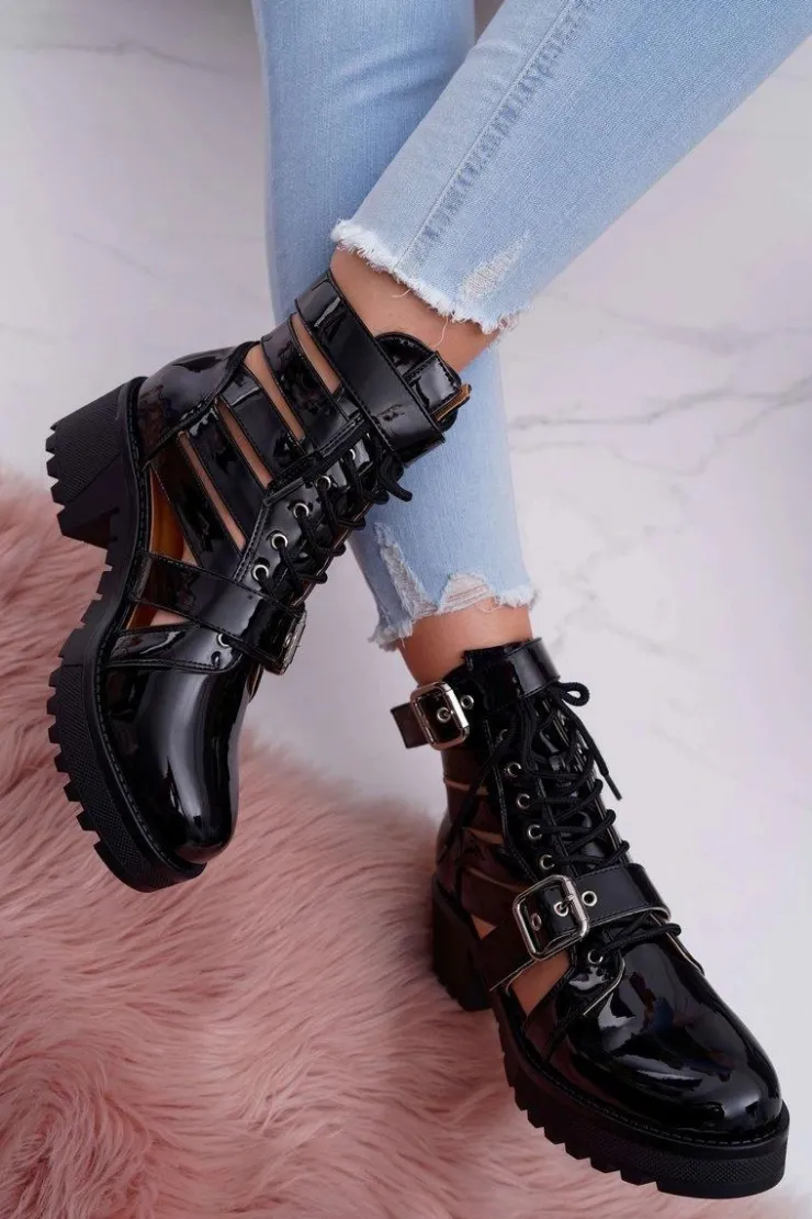 Sale Boto Botki Damskie Płaski Obcas Wiosenne Lakierowane Czarne Single