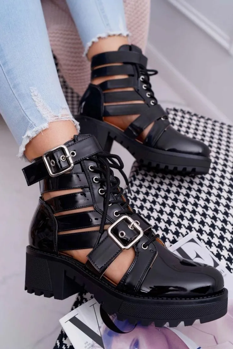 Sale Boto Botki Damskie Płaski Obcas Wiosenne Lakierowane Czarne Single