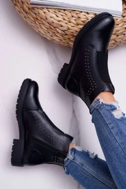 Buty Sergio Leone Botki Zimowe Damskie|Botki Płaskie*Botki Damskie Płaski Obcas Nity Czarne Sergio Leone BT519