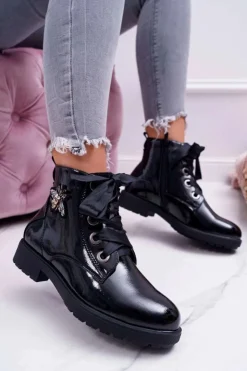 Buty Sergio Leone Botki Sznurowane|Botki Zimowe Damskie*Botki Damskie Płaski Obcas Glany Lakierowane Czarne Sergio Leone BT530