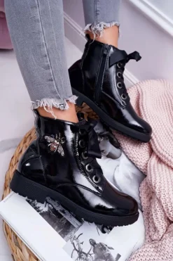 Buty Sergio Leone Botki Sznurowane|Botki Zimowe Damskie*Botki Damskie Płaski Obcas Glany Lakierowane Czarne Sergio Leone BT530