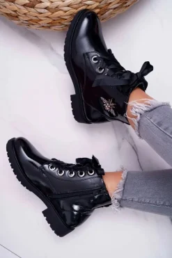 Buty Sergio Leone Botki Sznurowane|Botki Zimowe Damskie*Botki Damskie Płaski Obcas Glany Lakierowane Czarne Sergio Leone BT530