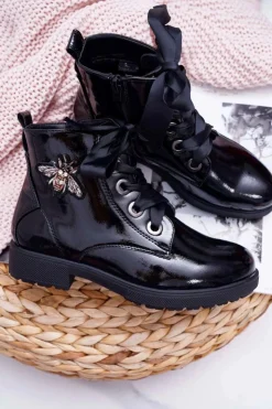 Buty Sergio Leone Botki Sznurowane|Botki Zimowe Damskie*Botki Damskie Płaski Obcas Glany Lakierowane Czarne Sergio Leone BT530