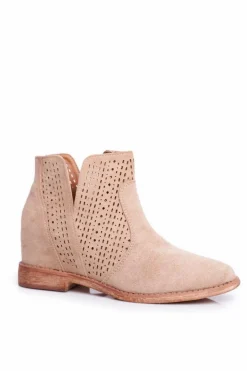 Hot Boto Botki Damskie Płaski Obcas Zamszowe Ażurowe Beżowe Shades