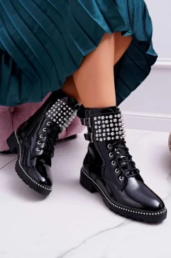 Best Boto Botki Damskie Płaski Obcas Militarne Lakierowane Czarne Bemmer