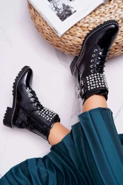 Best Boto Botki Damskie Płaski Obcas Militarne Lakierowane Czarne Bemmer